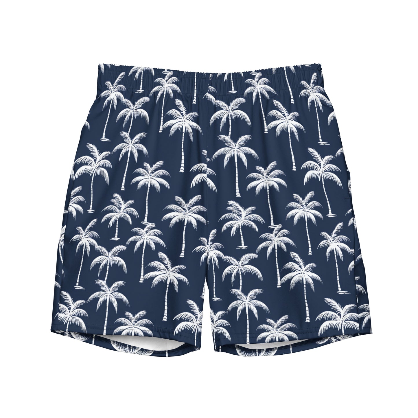 Navy Palm Print Men's Swim Trunks